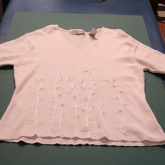 Carolyn Taylor White XL Embroidered V-Neck Short Sleeve Sweater - Picture 1 of 7